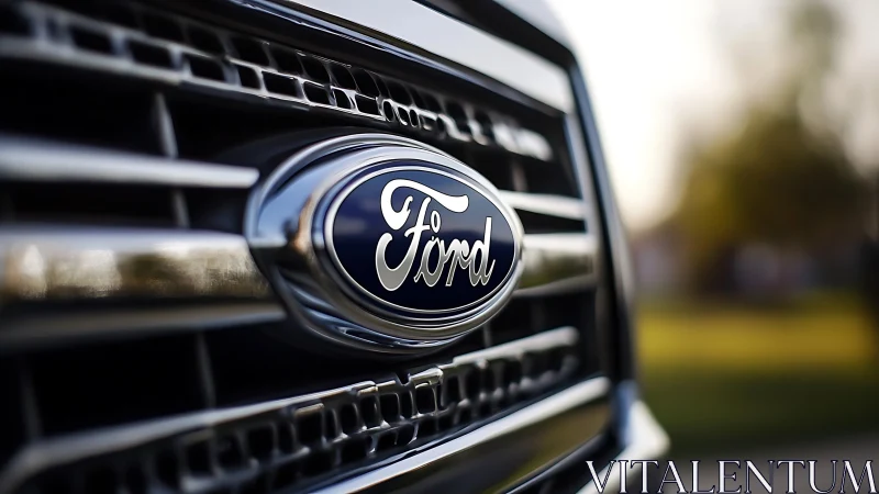 Ford vehicle grille closeup shows chrome badge in sunlight