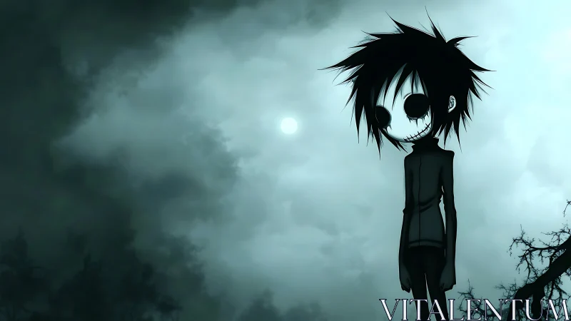 Moonlit mischief lingers in the grin of a stitched shadow boy