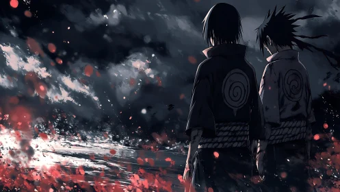 Brooding warriors watch a burning shore beneath stormed skies.