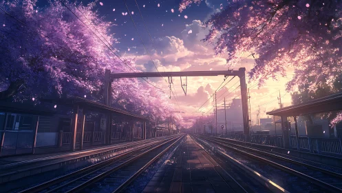 Twilight railway platform framed by luminous cherry blossoms