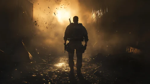 Lone soldier strides through a burning, smoke filled warzone