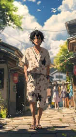 Summer-drift boy wandering sunlit alley of quiet dreams.