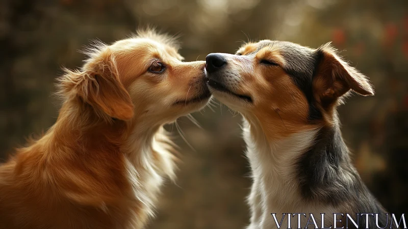 Tender nose kiss between two dogs outdoors at dusk.