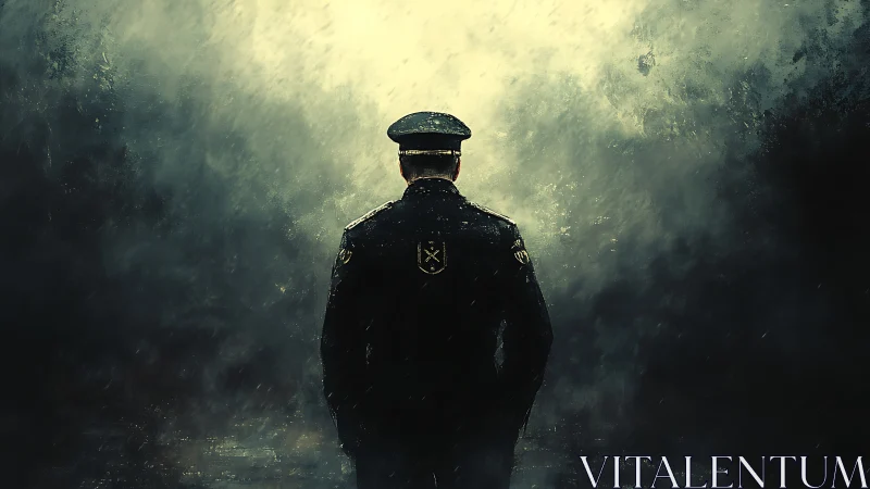 Solitary officer stands quietly in a stormlit, misty night
