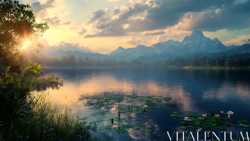 Sunlit alpine lake with lilies under glowing evening sky.