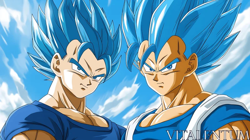 Dual cyan-haired warriors under high-contrast cel-shaded sky.