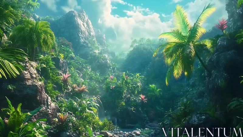 Lush tropical ravine glows with misty morning sunlight