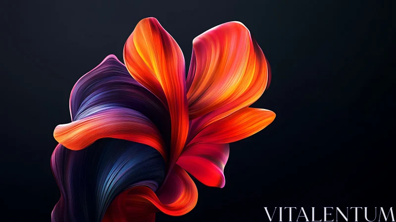 Abstract ribbon-like flower structure twists on dark background