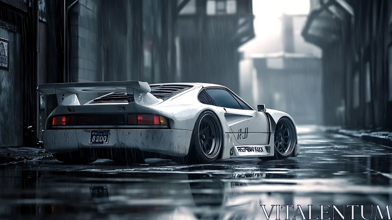 Widebody tuner car rendered in wet reflective alleyway under rain