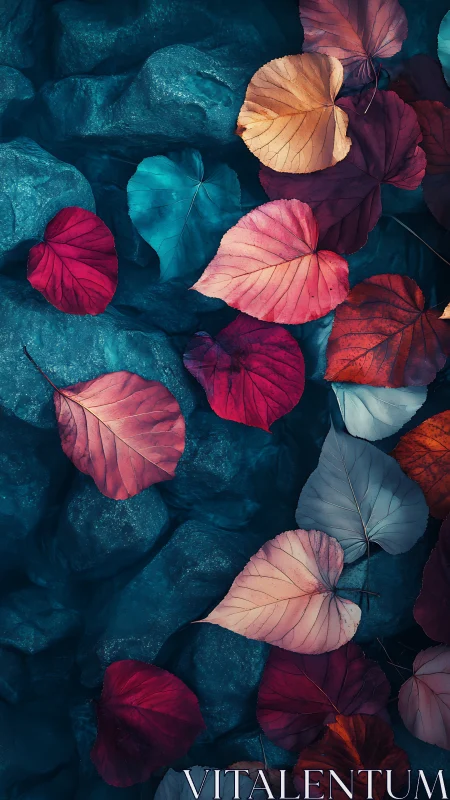 Colorful autumn leaves resting on dark textured rocks.