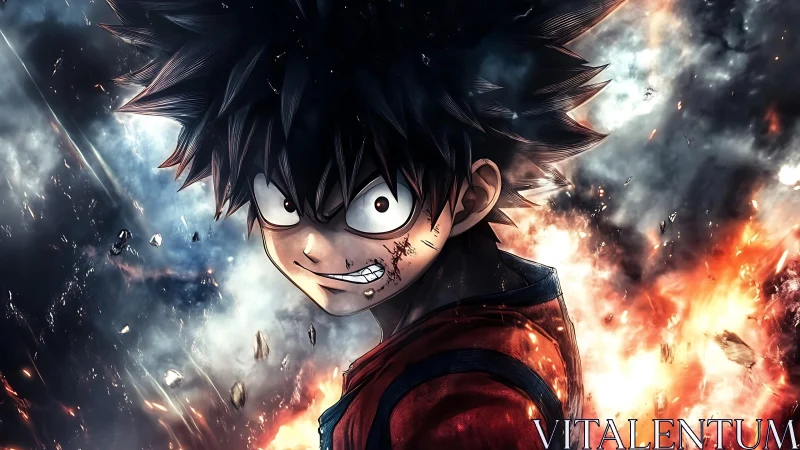 Anime boy amid exploding fiery and smoky battle background.