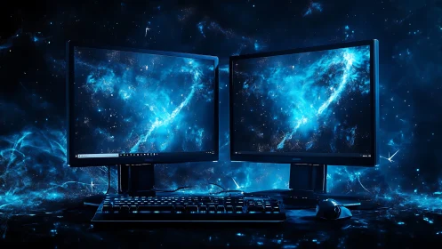 Twin monitors open a glowing blue window into deep space