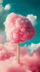 Cotton candy tree rises like sugared thunderhead in teal sky