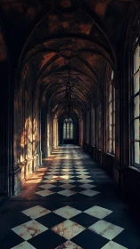 Sunlit echoes stride down the gothic checkered corridor