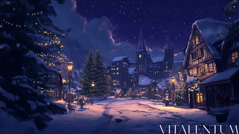 Starlit Christmas village glows beneath deep winter velvet sky.