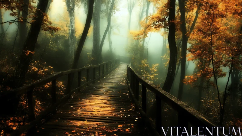 Wooden pathway through mist-filled autumn forest with railing.