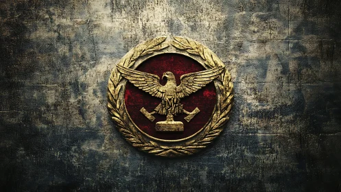 Golden eagle crest on aged red circular emblem wall.