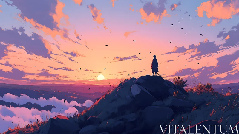 Lone silhouette watches blazing pastel sunset horizon