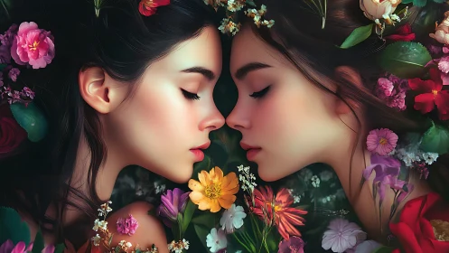 Mirror-symmetry floral portrait of dual female profiles.