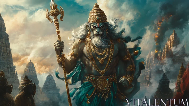 Mythic humanoid lion figure amid burning temple complex.