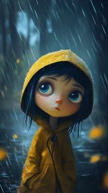Sad big-eyed child in yellow raincoat under steady rain.