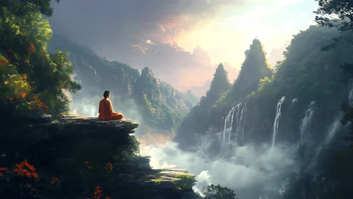 Monk meditates on cliff edge above misty waterfall valley