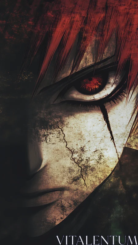 Digital close-up shows cracked stylized face and single eye