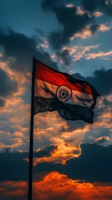 Indian national flag is photographed against dense sunset clouds