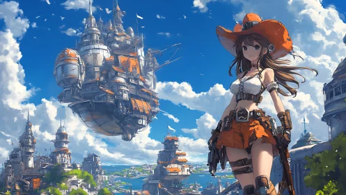 Skyborne engineer girl overseeing orange airship city.