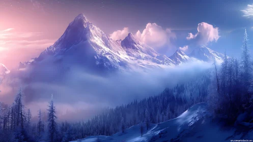 Snow-covered mountain range with mist and pastel light.