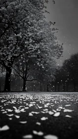 Monochrome blossom trees with falling petals on wet asphalt at dusk