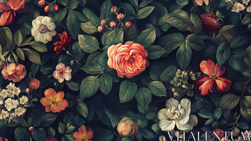 Baroque Floral Composition with Layered Botanical Elements Against Dark Background
