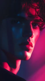 Neon-lit close portrait with dramatic magenta cyan split lighting.