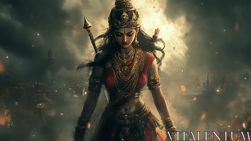 Female warrior in ornate armor stands amid smoke and ruins