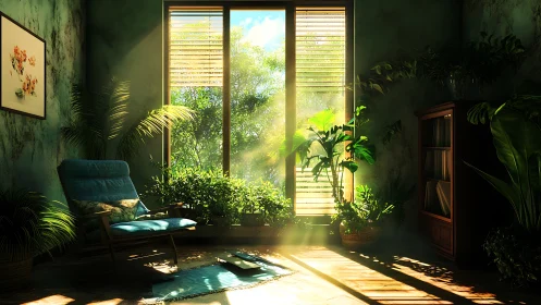 Sunlit reading corner wrapped in lush, serene houseplants.