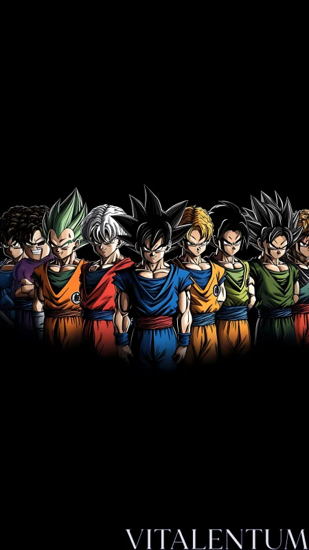 Anime warriors stand united against a stark black void