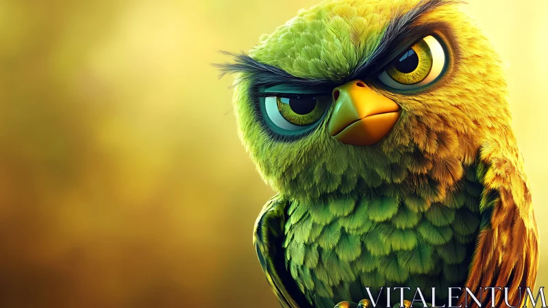 Grumpy Cartoon Owl with Intense Eyes on Warm Yellow Background.