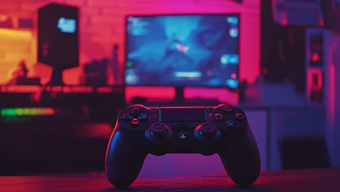 DualShock controller in shallow depth gaming setup under neon