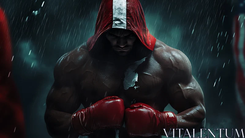 Athletic boxer in red hood ready for combat under dramatic rainfall.