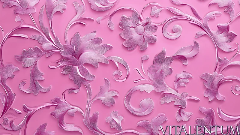 Embossed floral swirls shimmer across glossy pink background.