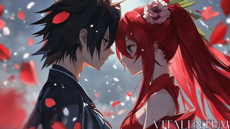 Tender anime couple sharing a quiet moment of falling petals.