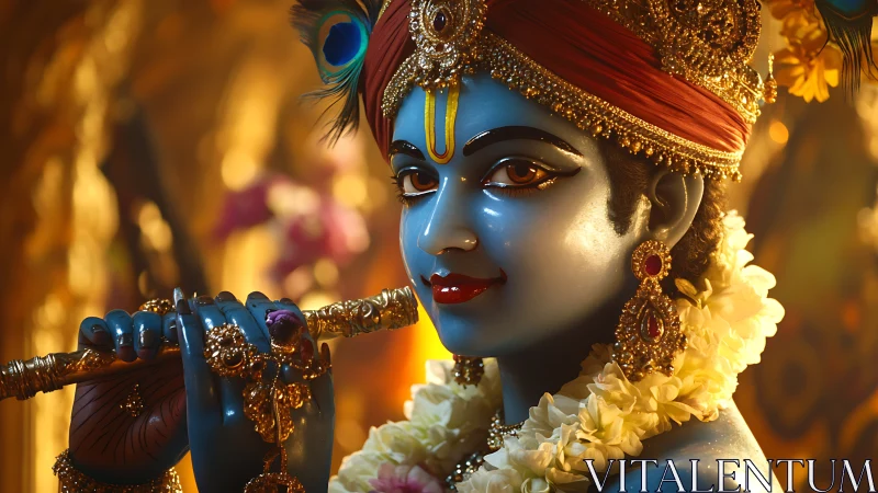 Blue-skinned divine flute player adorned with ornate gold jewels