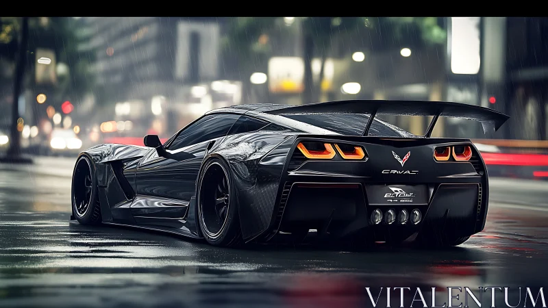 Rain-soaked carbon widebody Corvette in neon city street