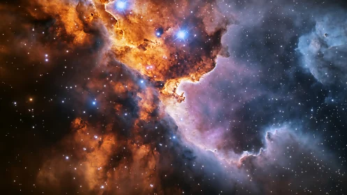 Stellar nursery nebula glows with blue stars and golden dust.