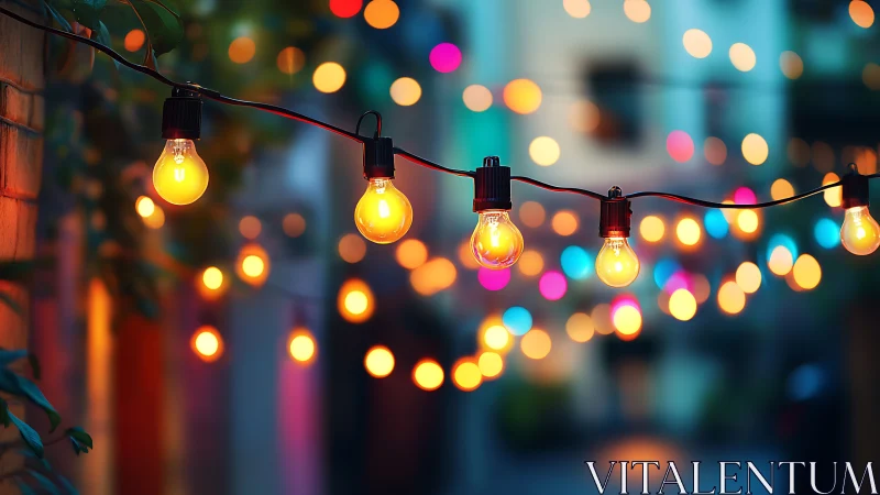 String lights with multicolor urban bokeh at twilight.