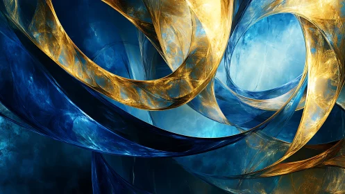 Celestial ribbons of blue and gold swirling in frozen motion.