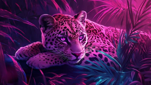 Neon Leopard Portrait with Vibrant Purple and Magenta Glow.