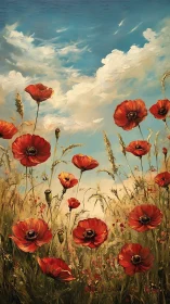 Scarlet poppy meadow under luminous summer sky.