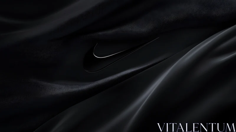 Black swoosh logo on dark folded fabric background.