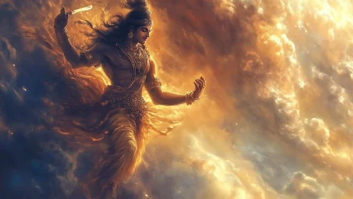 Deity-like figure in luminous cloud-filled atmospheric space.